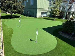 custom putting green featuring 5 holes and a unique design